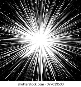 Black and white sunburst abstract background. Ray burst, explosion, comic big bang. Superhero action speed frame. Radial lines. Monochrome design element. Textured backdrop.