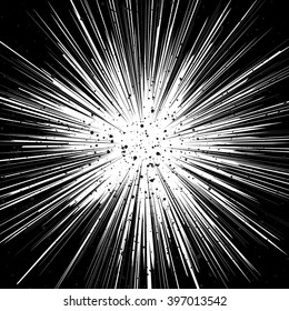 Black and white sunburst abstract background. Ray burst, explosion, comic big bang. Superhero action speed frame. Radial lines. Monochrome design element. Textured backdrop.