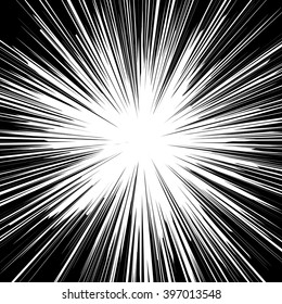 Black and white sunburst abstract background. Ray burst, explosion, comic big bang. Superhero action speed frame. Radial lines. Monochrome design element.