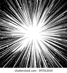 Black and white sunburst abstract background. Ray burst, explosion, comic big bang. Superhero action speed frame. Radial lines. Monochrome design element. Textured backdrop.