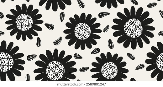 Black and white sunflowers seamless pattern. Hand drawn sunflower seeds doodle pattern. Design for fabric, textile, covers, gift wrap, wallpaper.