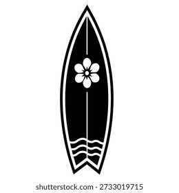 Black and white surfboard with flower and wave waves water