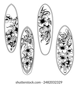 Tabla de surf en blanco y negro con hermosas flores y plantas