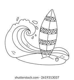 Black and white surfboard and wave illustration for summer coloring pages