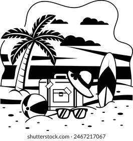 black white surfboards, beach ball, sunglasses with Palmtree seashore concept vector design, Nature and landscape postcard Scenic Summer Season Vibes Sign Idyllic Remote Resor illustration