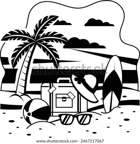 black white surfboards, beach ball, sunglasses with Palmtree seashore concept vector design, Nature and landscape postcard Scenic Summer Season Vibes Sign Idyllic Remote Resor illustration