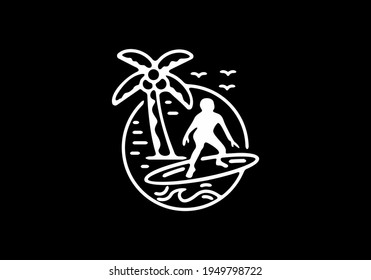 Black and white surfer and coconut tree illustration tattoo design