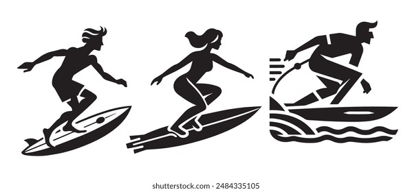 black and white surfer vector logo element illustration symbol surfing person silhouette water surfer