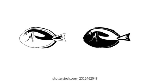 black and white surgeonfish silhouette flat icon. isolated on white background. animal, sea, fish, surgeonfish, tang, dory, nemo, reef, aquarium, decorative fish, sticker, clipart, vector illustration