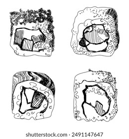 Black and White Sushi Illustration. Hand-drawn style. Element for creating a seamless pattern. For restaurant menu, business cards, banner