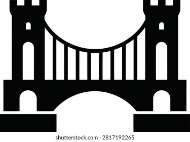 Black and white of a suspension bridge with castle-like towers symbol monochrome