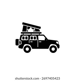 SUV preto e branco com ícone de tenda de telhado para o conceito de viagem de acampamento