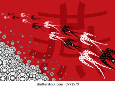 black and white swallows on red (vector) - chinese character "yen" means swallow in english