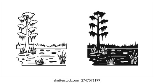 Black and white swamp trees with water and vegetation line