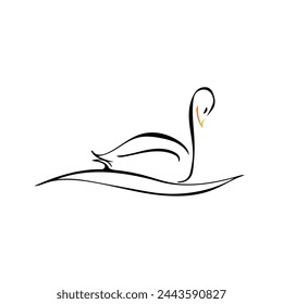 Black and white Swan line art. Swan outline icon. Stylized swan swimming in the pond or lake water. swan with yellow beak. 