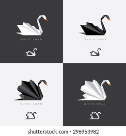 Black and white swan logos in abstract geometric polygonal style. Origami look for corporate visual identity 