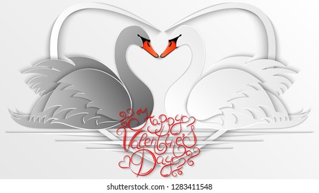 Black and white swans cut out from paper. Design element for greeting card, invitation, banner, background, poster for Valentine's Day or wedding. 3D vector illustration.