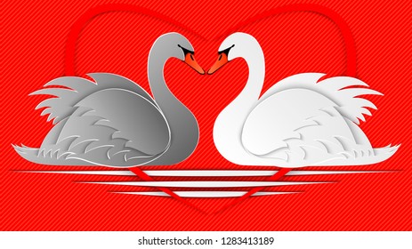 Black and white swans cut out of paper on romantic scarf background. Design element for greeting card, invitation, banner, background, poster for Valentines day or wedding. 3D vector illustration.