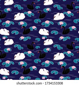 Black and white swans on water with water lilies seamless pattern