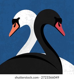 Black and white swans in side view. Duality concept. Vector illustration