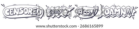 Black and white swear speech bubbles with words censored, damn and tiny details around.