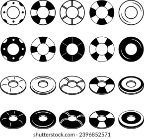 Black and white swim ring vector set. Swim ring line art
