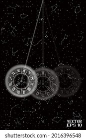 Black and White Swinging Pendulum with Horoscope Symbol. Single Object Isolated on Starry Night Background. Panoramic Sky Map of Hemisphere. Vector. 3D Illustration