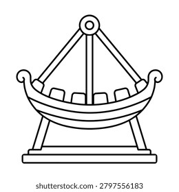 Black and white swinging ship icon for amusement park, pendulum boat ride symbol for carnival and theme park attraction for carnival and fairground design