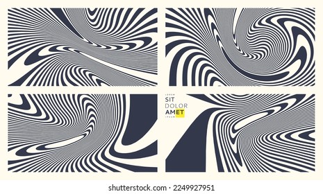 schwarz-weißer, wirbelnder Hintergrund. Muster mit optischer Illusion von Whirlpool-Bewegung. Psychedelische Streifen. 3D-Vektorgrafik für Broschüren, Magazine, Poster, Präsentationen, Flyer oder Banner. 