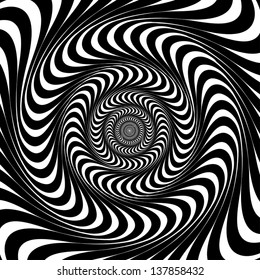 Black and white swirl lines. Optical illusion background, vector.