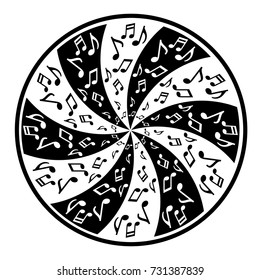 Black and white swirling circular musical symbol.