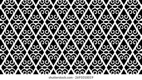 Black and white swirling diamond pattern forming a stylish decorative seamless background.