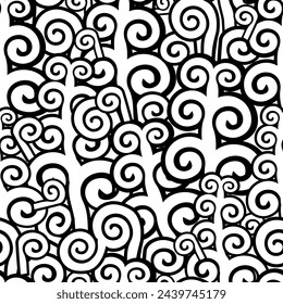 Black and white swirls seamless background. hand drawing. Not AI. Vector illustration