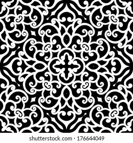 Black and white swirly ornament, vector seamless pattern