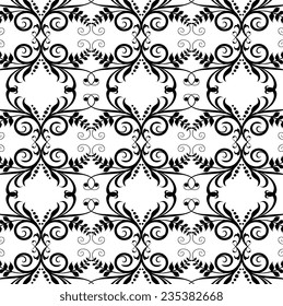 Black and white swirly ornament, vector seamless pattern