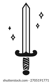 Schwarz-weiße Schwertzeichnung mit Funkeln. Stilvolles einfarbiges Tattoo-Design. Vektorgrafik.