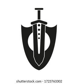 Black and white sword shield wall decor. Medieval festival props. Fairy tale theme vector illustration for icon, label, certificate, gift card, invitation, coupon or sale banner decoration