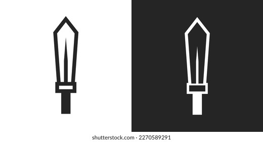 black and white sword weapon icon. weapon, sword, knife, blade, mini sword, cut, attack, game, knight, war, warrior, swordsman, battle, clipart, sticker, flat, doodle, cartoon, vector illustration 
