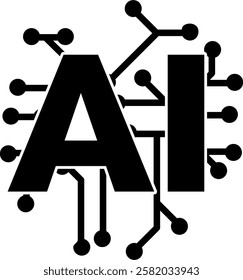 Black and white symbol of artificial intelligence with an electronic circuit with AI inscribed above (cut out)