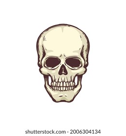 Black and white symbol or emblem of human skull in ink hand drawn style. Skull bone anatomically detailed vector illustration isolated on white background.