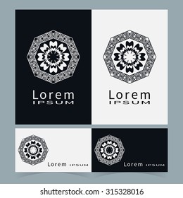 Black and white symbol stylized flower round ornament collection, logo icon design and Business cards set. Vector abstract shape 