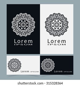 Black and white symbol stylized flower round ornament collection, logo icon design and Business cards set. Vector abstract shape line art.