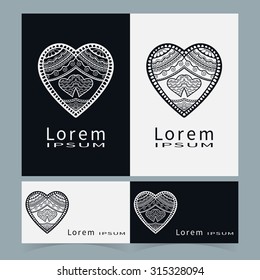 Black and white symbol stylized heart collection, logo icon design and Business cards set. Vector abstract shape line art.