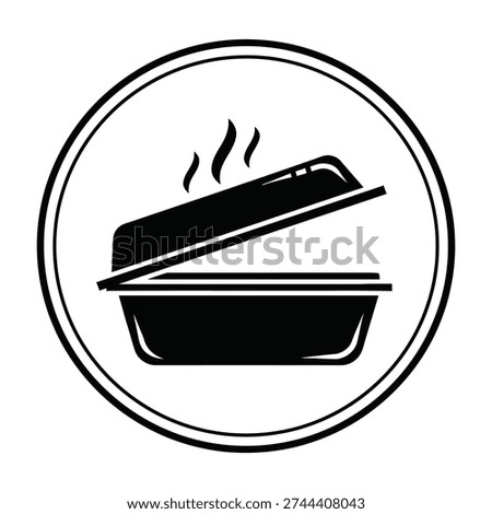 Black and white symbol of a takeout container with lid slightly open and steam rising from inside