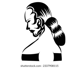 símbolo blanco y negro de diseño vectorial de la cara de una mujer con el pelo en un moño o un moño y lleno de tallados o tatuajes a su alrededor desde la vista lateral