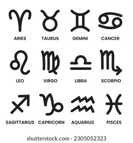 Símbolo blanco y negro de signos de zodiaco aislados en fondo blanco; signo de constelación de estrellas; 12 zodiacs; horóscopo