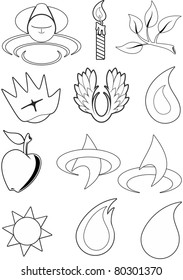 Black and white symbols head fire flame apple wings leaf branch