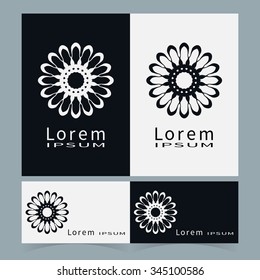 Black and white symbols, stylized flower round ornament. Business cards set. Isolated geometric shapes, vector elements for logo, icon, label design.