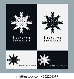 Black and white symbols, stylized flower round ornament. Business cards set. Isolated geometric shapes, vector elements for logo, icon, label design.