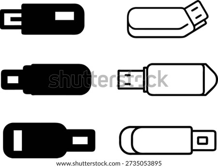 Black and white symbols of universal serial bus thumb drives for information storage. Minimalist icons for file sharing and external hardware connections. Set of portable memory sticks for desktop and laptop computers. Clean design for digital technology projects.